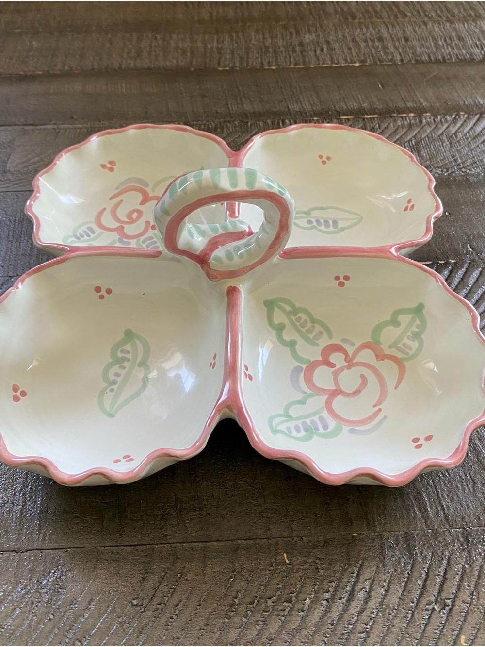 Vintage 80s Floral Hand Painted Divided Serving Dish Platter Cottagecore Decor